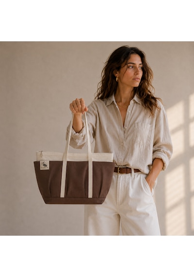 Bordglow Novaglow Design Serisi Küçük Boy - Siyah - Premium Kanvas Çanta - Tote Bag 9 Cep - Fermuarlı 32x22x10 Cm Kahverengi