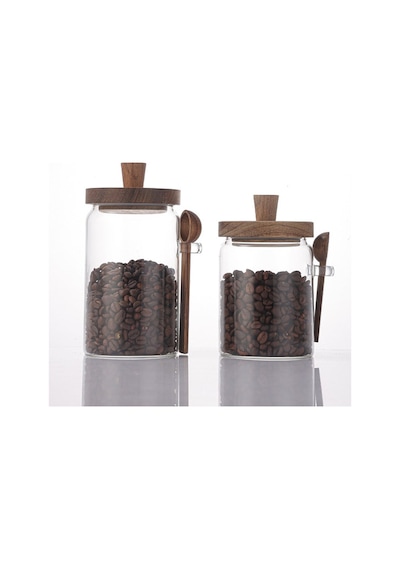 Qerhome 2'li Borosilikat Cam Akasya Kapaklı Ve Akasya Kaşıklı Cam Kavanoz Seti 450 Ml - 550 Ml Şeffaf