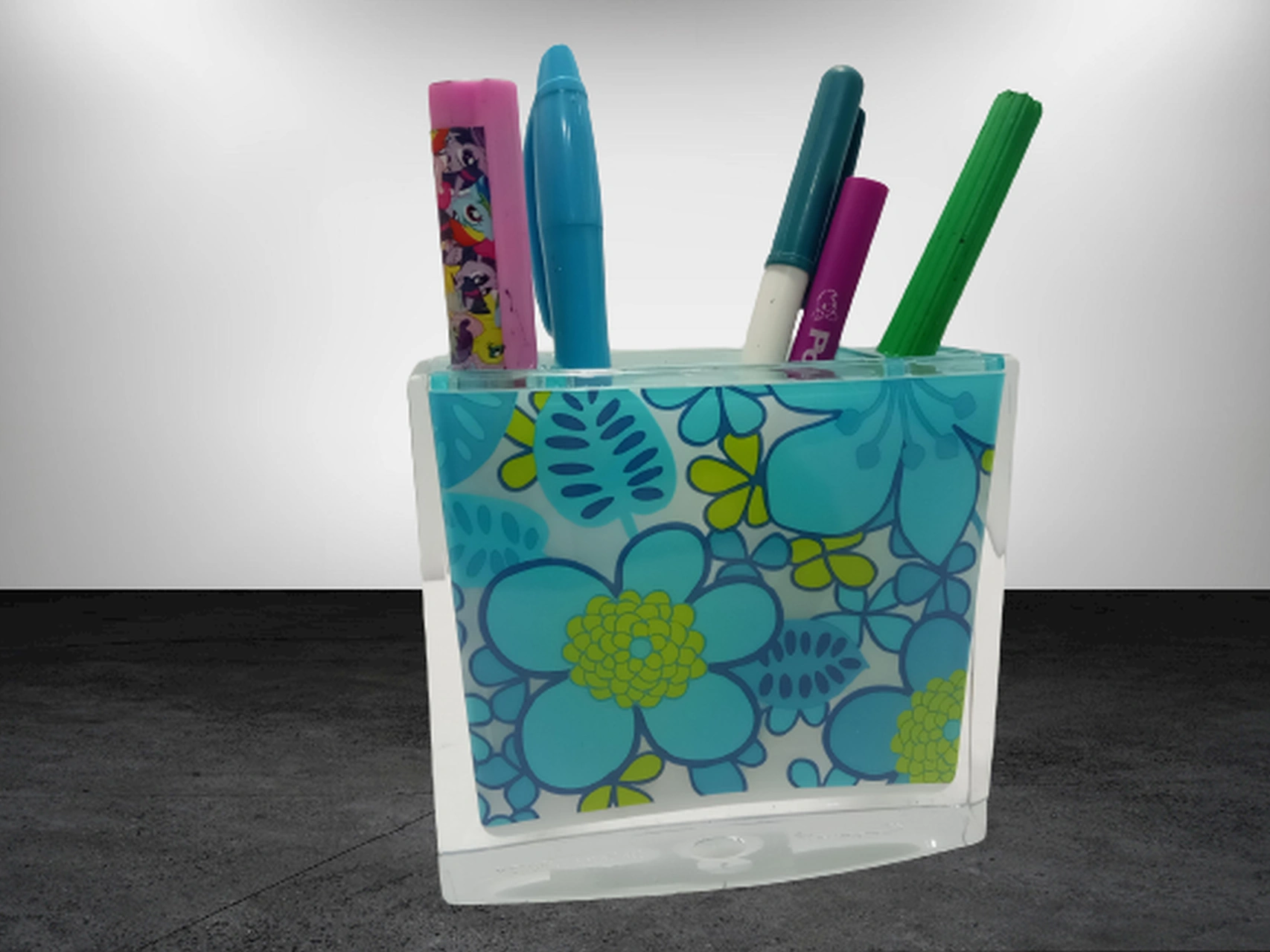 2 Adet Kalemlik Mavi Çiçekli Akrilik Ofis Gereci 10x10x3cm Çok Renkli