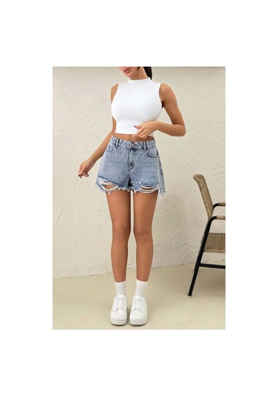 Kene Jeans İşlemli Taş Yıkama Paça Yırtık Detaylı Kısa/mini Kot Şort Taş Yıkama