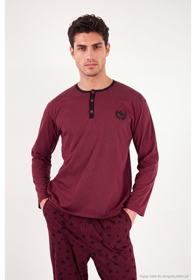 Buratti Desenli Pamuklu Düğmeli Bisiklet Yaka Pijama Takımı Erkek Pijama Takımı 6575002 Bordo