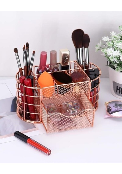Temel Rose Gold Metal Mesh Masaüstü Organizer Çekmeceli Çok Bölmeli 22x11x11 Cm 9507r