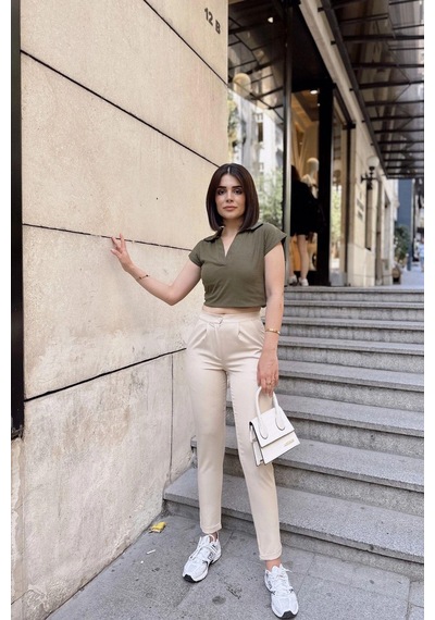 Haki Polo Yaka, Kısa Kol, Fitilli Kaşkorşe Kumaş, Basic Kalıp/kesim, Spor Ve Günlük Bluz & T-shirt Haki