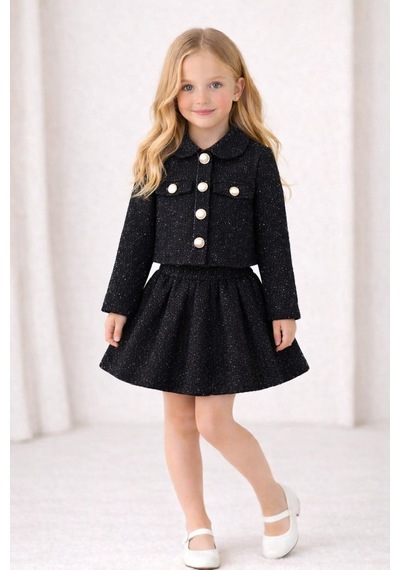 My Kids Wear Kız Çocuk Ekose Ceket Etek Takım Şık Kombin 12644 Siyah
