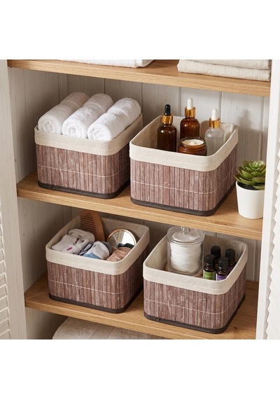 Bambu Çok Amaçlı Saklama Kutusu Düzenleyici Kare Organizer, Dekoratif Bambu Düzenleyici Gri 20x20x13cm 4 Adet Diğer