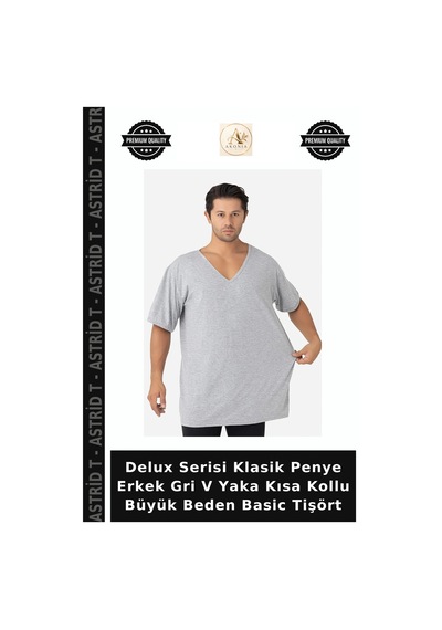 Astrid T Delux Serisi Klasik Penye Erkek Gri V Yaka Kısa Kollu Büyük Beden Basic Tişört