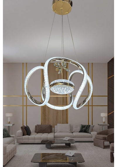 Dünya Eliza Simli Slikonlu Tek Toplu Modern Oturma Led Avizesi - Kumandasız / Gold Gold
