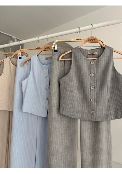 Moderie Butik Yelek Plazzo Pantolon Çizgili Flamlı Poliviscon Takım 10178 Vi Zon