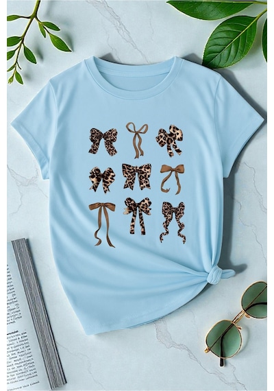 Uyguntarz Unisex Leopar Desenli Kurdeleler Baskılı Tasarım Tshirt Bebe Mavisi