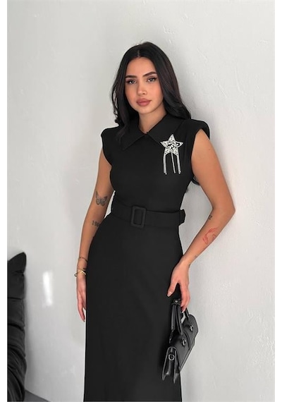 Dipmoda Kadın Broş Detaylı Kemerli Midi Elbise Dpk4114 Siyah