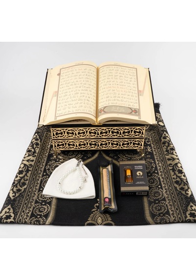 Kuran + Seccade + Tesbih + Takke + Esans + Misvak Hediye Seti Orta Boy, Raşel Cilt, Siyah