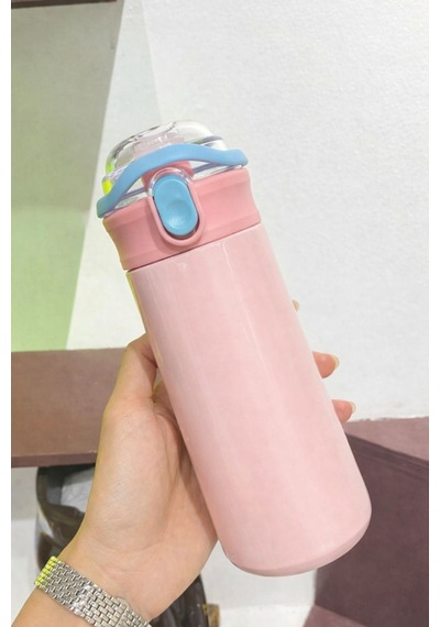 304 Çelik Pembe 500 Ml Kulplu Pipetli Çocuk Matara Suluk Mt241pm Pembe