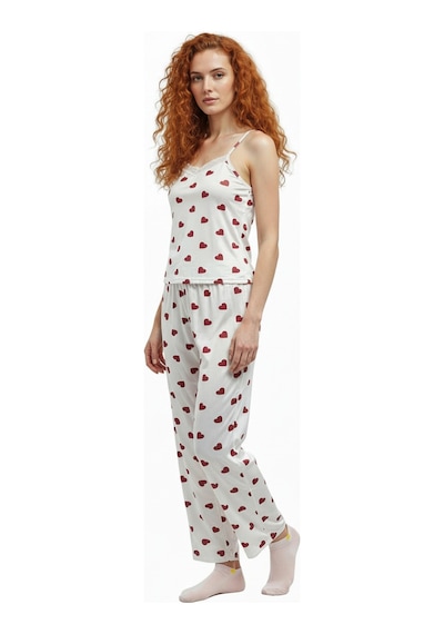 Altı Uzun Üstü Askılı Yumuşak Kırmızı Kalp Desenli Pijama Takımı Beyaz Beyaz