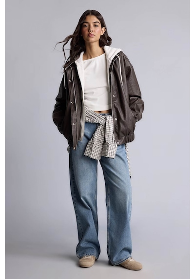 Defacto Relaxed Fit Kapüşonlu Kahverengi Kadın Deri Mont H3752ax/bn605
