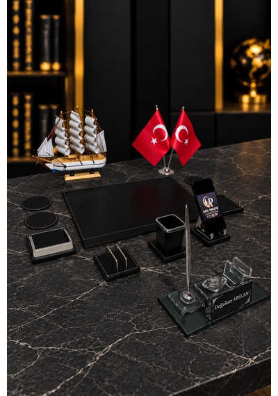 13 Parça Kristal Masa İsimlik Seti Kişiye Özel Gemi Figürlü Ofis Sümen Takımı Siyah