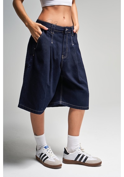 it's basic Kadın İndigo Renk 7s5-50 Skater Fit Maxi Boy Bol Kesim %100 Koton Denim Bermuda Şort