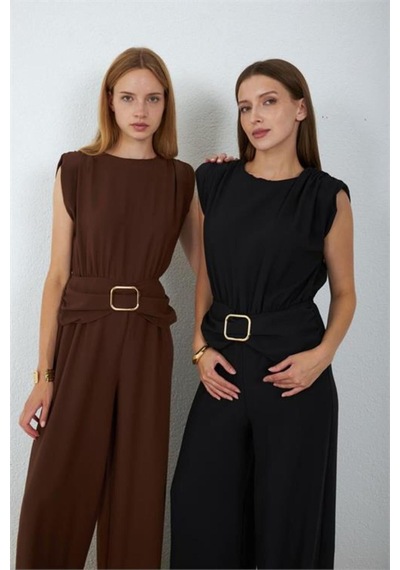 Neşeli Butik Kadın Kahverengi Bel Drapeli Kemer Detaylı Sıfır Kol Tam Boy Tulum Nbmy4043