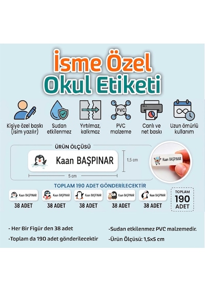 Kapbirhediye Okul Etiketi Isme Özel Kalem Defter Etiketi Penguen Temalı 190 Adet Çok Renkli