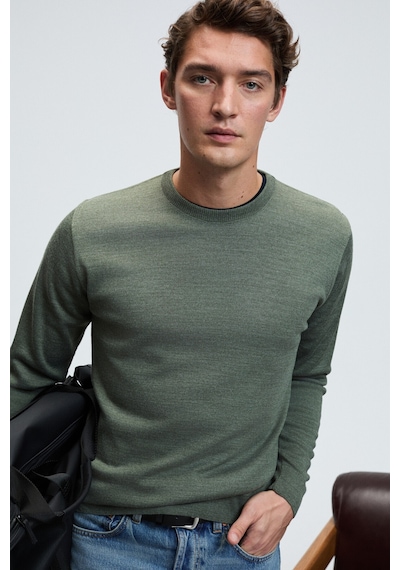 Grımelange VAREX Erkek Yuvarlak Yaka Basic Slim Fit Triko Haki Kazak