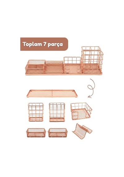 Temel Rose Gold Metal Mesh Modüler Masaüstü Organizer Seti 7 Parça 37x10 Cm 9519