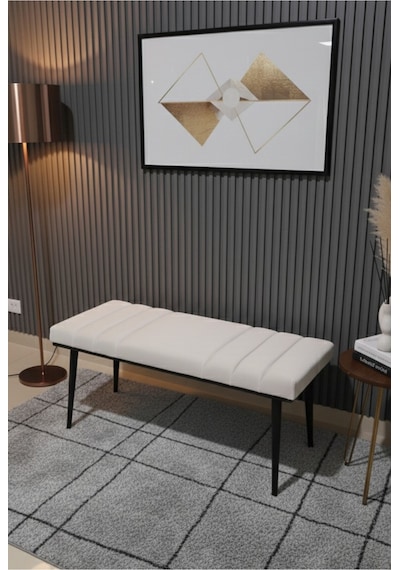 Özcan Metal Siyah Metal Ayaklı Metal Kasalı Bench Mutfak Salon Antre Yatak Odası Balkon Puf Bank Krembeyaz