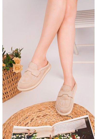 Muggo Vintage Süet Deri Günlük Rahat Önü Kapalı Kadın Loafer Terlik Bej