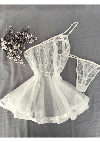 Mh Moony Homewears Hayall Beyaz Seksi Ekstra Mini Gecelik Iç Giyim Seti BEYAZ