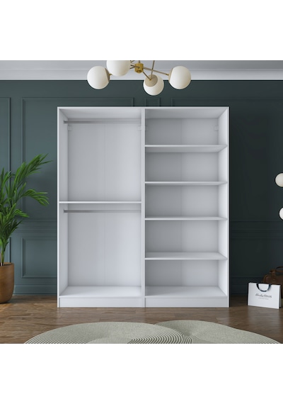 Rani Ba156 Geniş Gardırop Elbise Dolabı 4 Kapaklı 5 Raflı 2 Askılı Modüler Dolap Beyaz