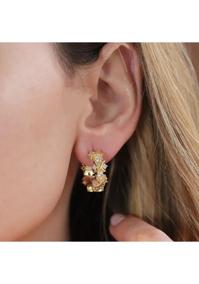 Zirkon Taşlı Daire Tffny Modeli Gold Kaplama Gümüş Işıltı Küpe Gümüş