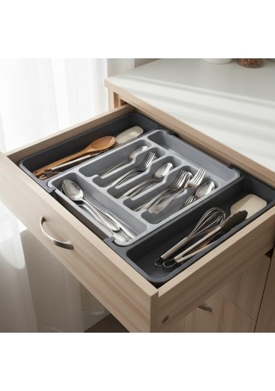Çift Taraflı Açılır Çekmece İçi Kaşıklık Ve Organizer - Modüler Sürgülü Mutfak Düzenleyici - Açık Gri Ve Antrasit Renk - Kapalı 31 Cm Açık 52 Cm Açık Bej