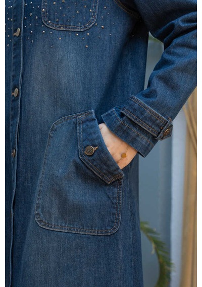 6329-taşlı Denim Kapşonlu Kap Koyu Mavi Koyu Mavi