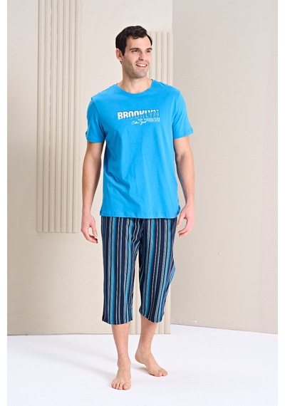 Over Sleep By Poleren Erkek Pijama Takımı Kapri & Bermuda Kısa Kol Mavi