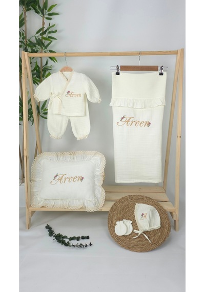 Gros Shop Müslin Yeni Doğan 4katlı Organik %100pamuk Kişiye Özgü Nakışlı Hastane Çıkış Seti-papatya Ekru-1