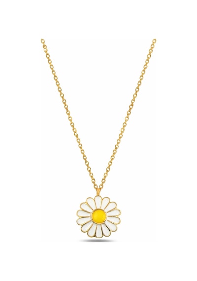 Çekirdekjewelry 925 Ayar Gümüş Sarı Altın Kaplama Papatya Kolye Beyaz Mineli Çiçek Model Sarı