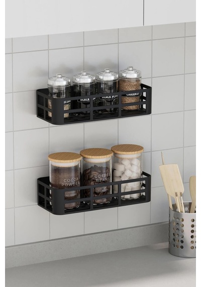 Banyo Duş Rafı 2'li Yapışkanlı Ve Deliksiz Duş Organizer Suya Dayanıklı Siyah Raf Çok Renkli