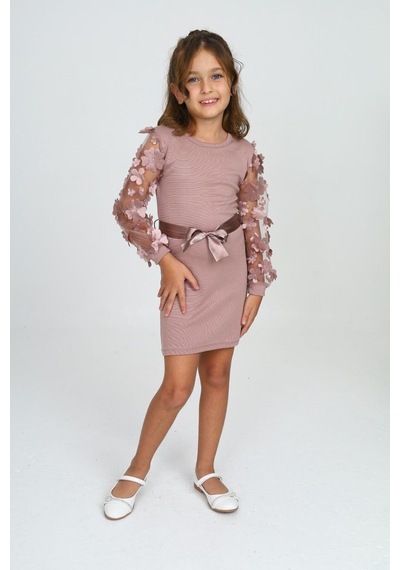 Belden Bağlamalı Tül Detaylı Çocuk Elbise Mykids Collection Pudra