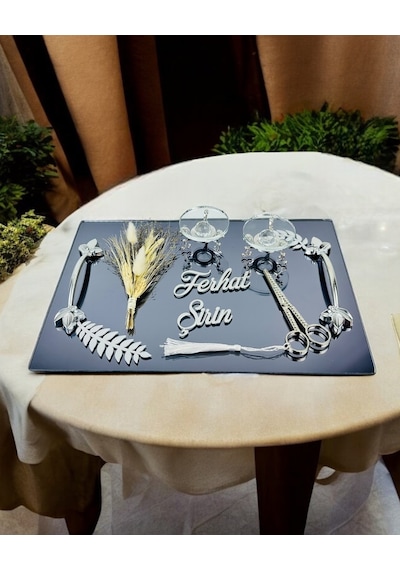 Elegance Gümüş Yapraklı Söz Nişan Tepsisi Gri Gri