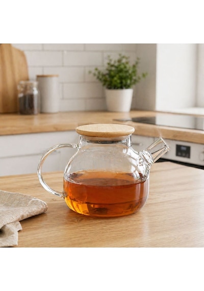 Kulplu Süzgeçli Isıya Dayanıklı Borosilikat 1000 Ml Cam Demlik Vakumlu Bambu Kapak Diğer