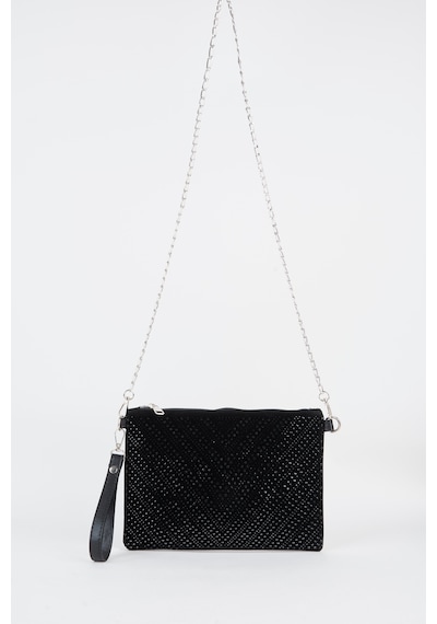 Vivaq Kadın V Desen Siyah Taşlı Süet Bilek Askılı Ve Zincir Askılı Portföy El Ve Clutch Çanta SİYAH