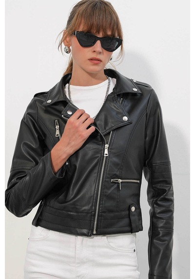 Bigdart Biker Siyah Kadın Deri Ceket 1025