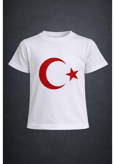 Nacar Store Erkek-kız Çocuk Ay Yıldız Bayrak Baskılı Kısa Kollu T-shirt 23 Nisan-10 Kasım-19 Ekim-özel Bayramlar Beyaz-kırmızı Ay Yıldız