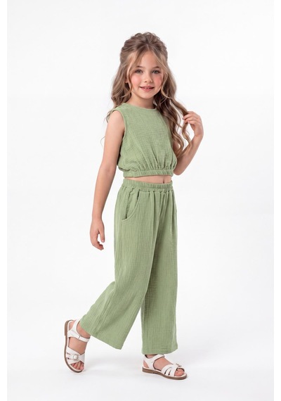 Mnk Baby & Kids Kız Çocuk Pamuklu Müslin Rahat Takım M00826 Yeşil