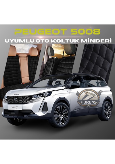 Peugeot 5008 Siyah Tay Tüyü Cepli & Terletmez Sırtlı Oto Koltuk Minder Seti - Koruma Kılıfı  Ön & Arka Set