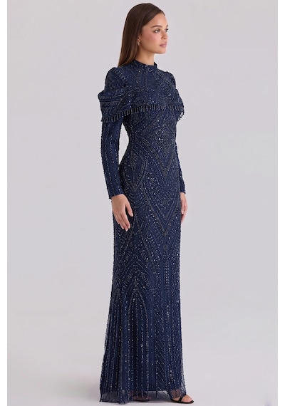 Olcay İnci Ve Pul Desenli Exclusive Tesettür Abiye Elbise Lacivert 1090