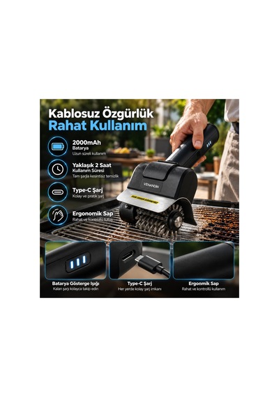 Rc-4ba Grillo Şarjlı Elektrikli Barbekü Ve Izgara Temizleme Fırçası, 7,4w, Paslanmaz Çelik, Type-c - Siyah