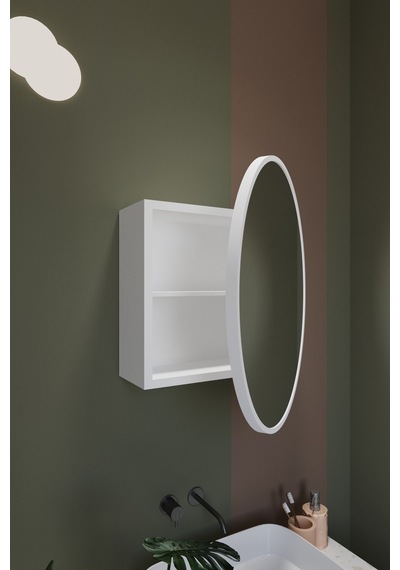 Oval Aynalı Banyo Dolabı Lavabo Üstü Kapaklı Banyo Aynası Duvar Dolabı Beyaz