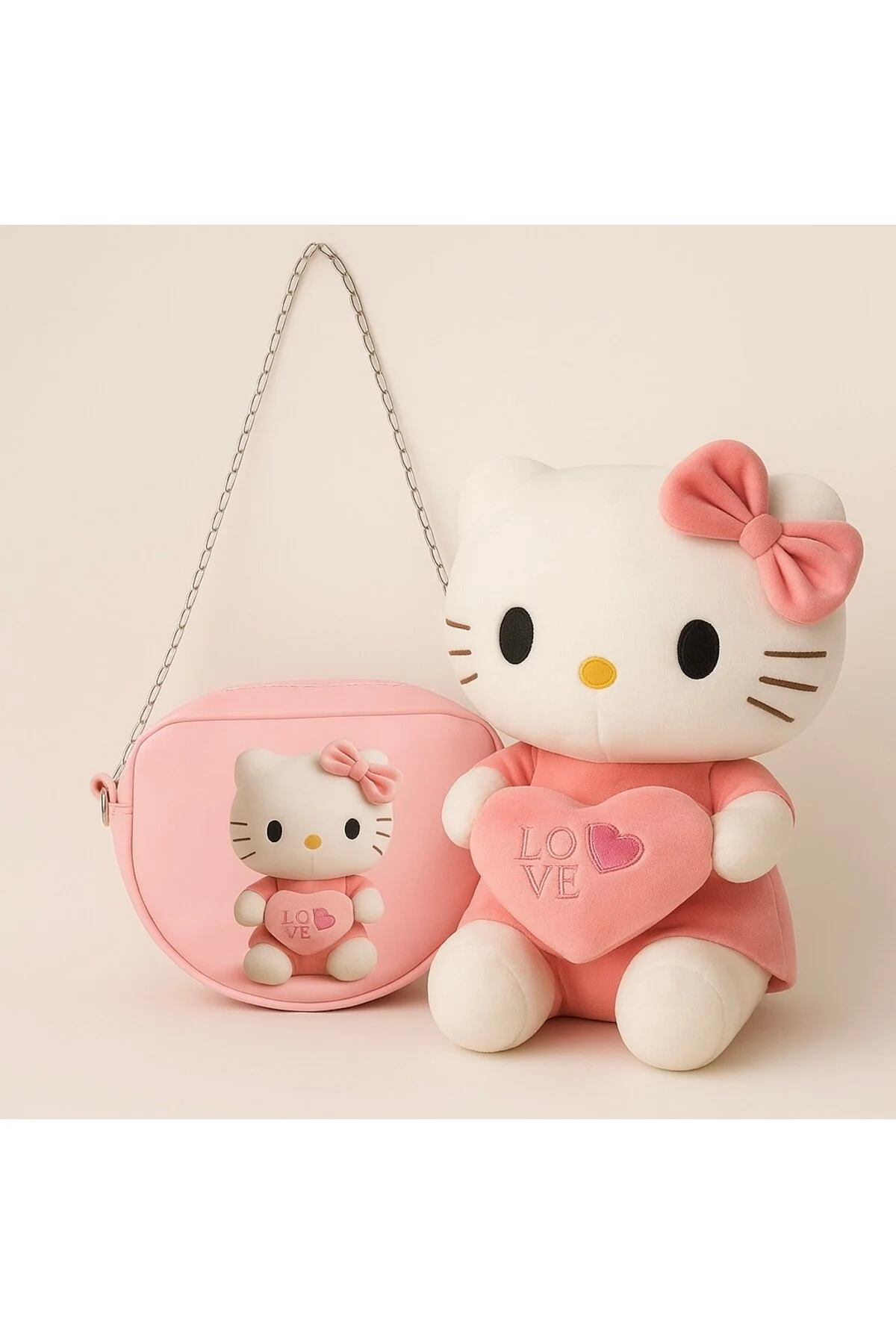 Hello Kitty Mor Peluş Oyuncak 35cm + Deri Çanta Şık Hediye Seti Açık Pembe