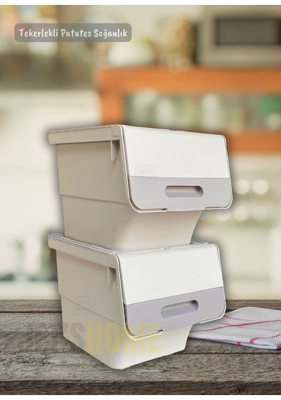 4 Lü Tekerlekli Patateslik Soğanlık Bpa Free Erzak Kutusu Oyuncaklık Sebzelik Krem 48 Litre Krem