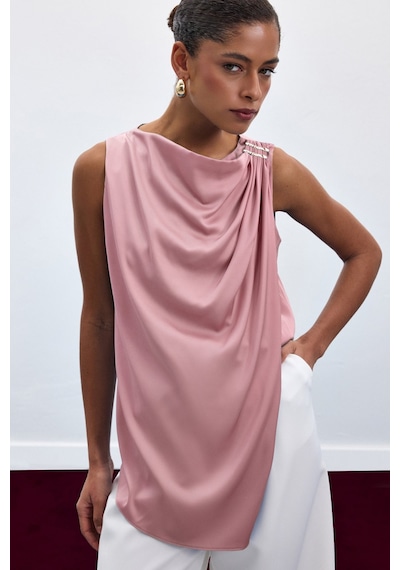 Sateen Aksesuar Detaylı Kolsuz Bluz - Pembe-136921 Pembe