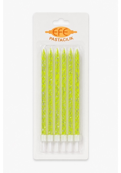 Neon Yeşil Gümüş Simli Uzun Pasta Mumu 17 Cm Karışık